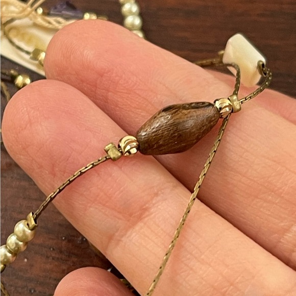 Japanese multi gem & wood antiqued brass long necklace - Picture 9 of 10